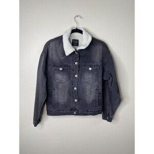 Love Tree Denim Sherpa-Lined Black Jacket Faux Fur Collar Ladies Small Stylish